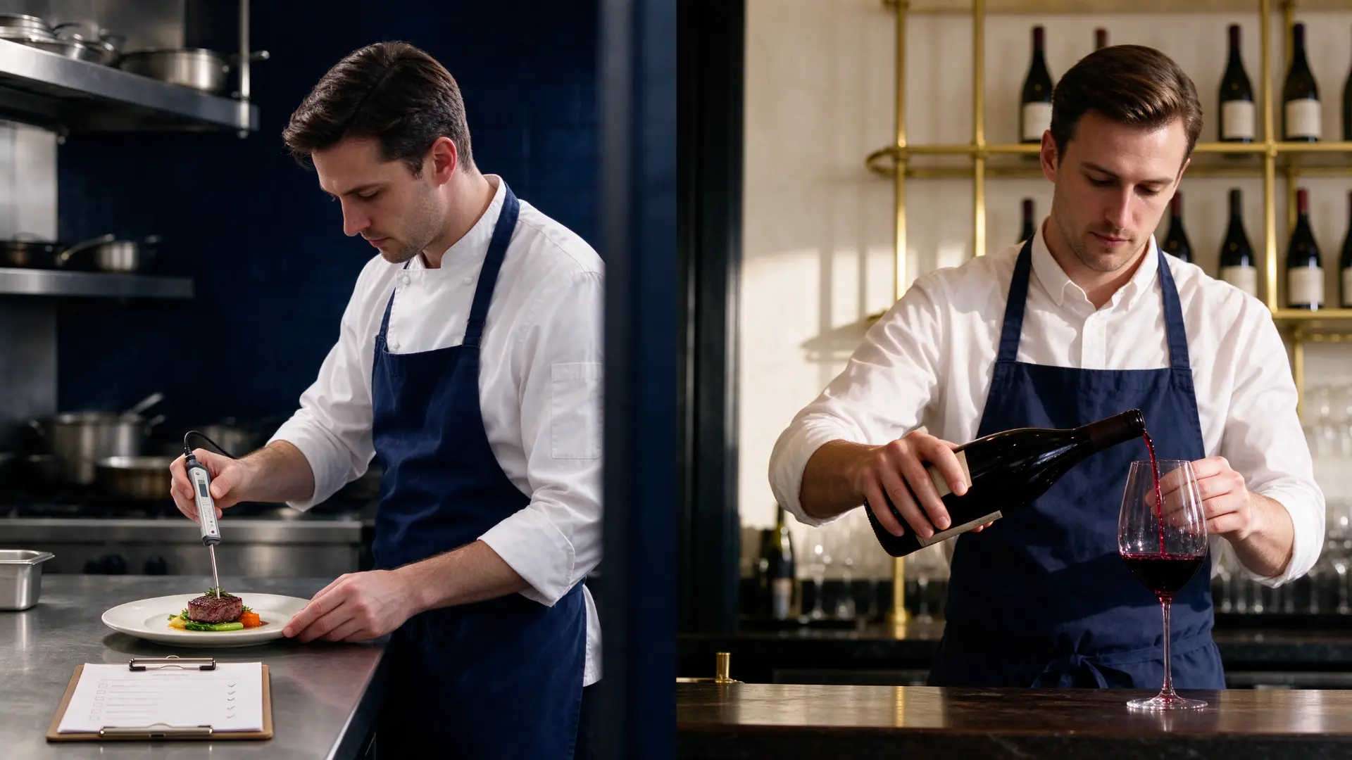 Chef dressant une assiette avec sonde de température et liste de contrôle HACCP, et sommelier versant du vin : les deux formations obligatoires pour ouvrir un restaurant