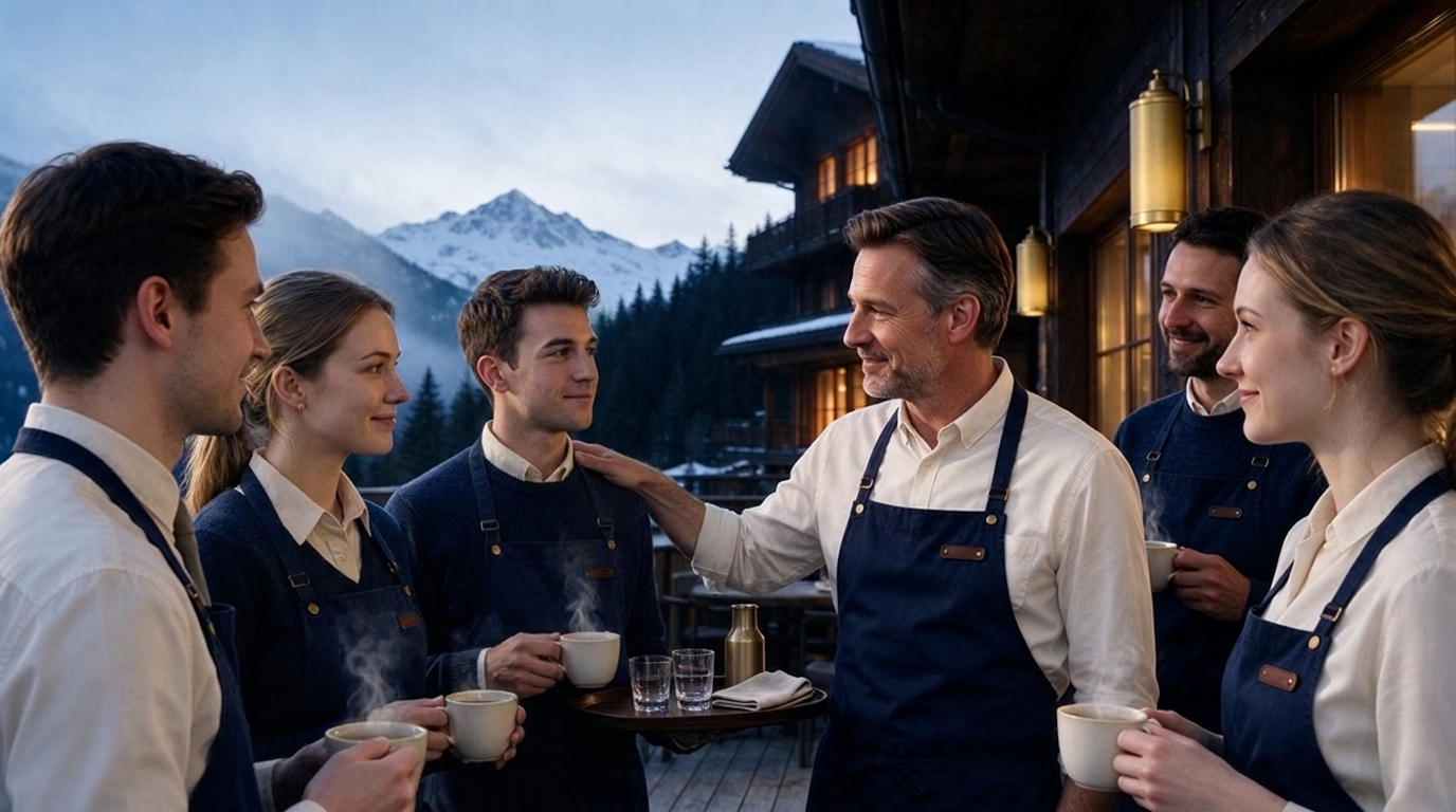 Une équipe de saisonniers en tabliers réunie sur la terrasse d'un chalet de montagne avec son manager, illustration de l'article sur la fidélisation des saisonniers