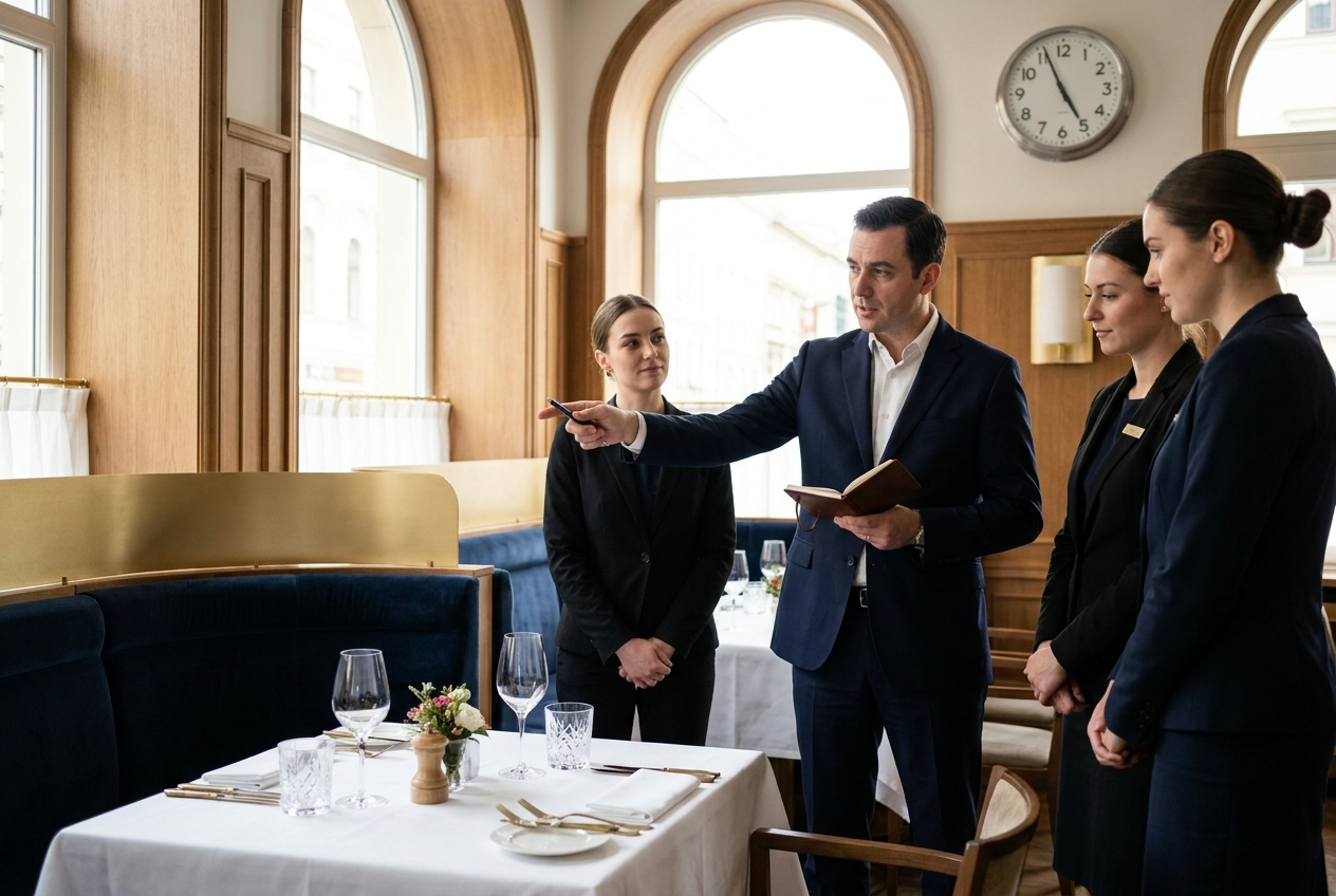 Un responsable en costume bleu nuit, carnet ouvert en main, guide trois membres d'équipe lors d'une mise en place de salle dans un restaurant