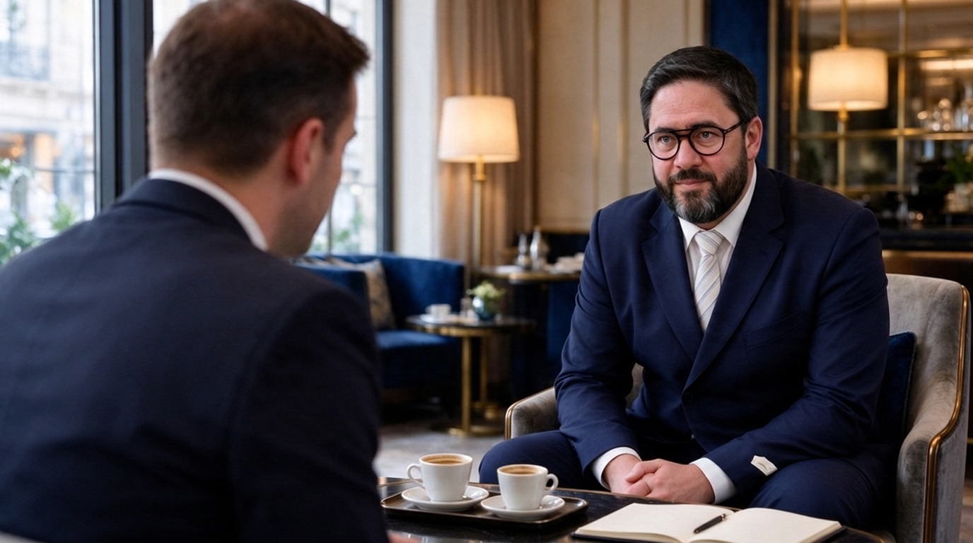Xavier en entretien d'accompagnement avec un manager, autour d'un café dans un salon d'hôtel