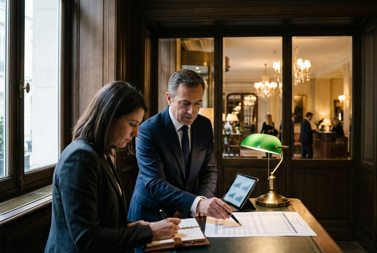 Deux professionnels en costume analysent des documents financiers sur un bureau en bois, éclairés par une lampe et une tablette affichant des graphiques